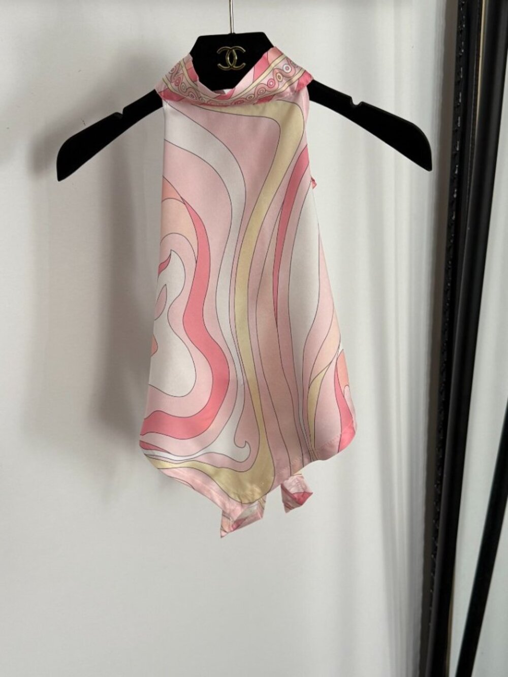 💖Pucci Pastel Pink Yellow Swirl Satin Halter Top Tie Neck & Waist Bow Sleeveles